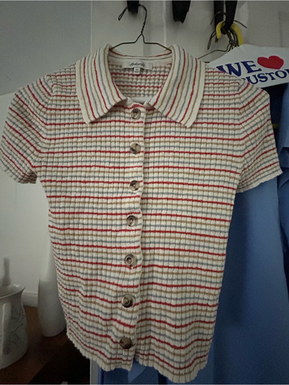 Like New XS Madewell Striped Cream Short-Sleeve Button Polo